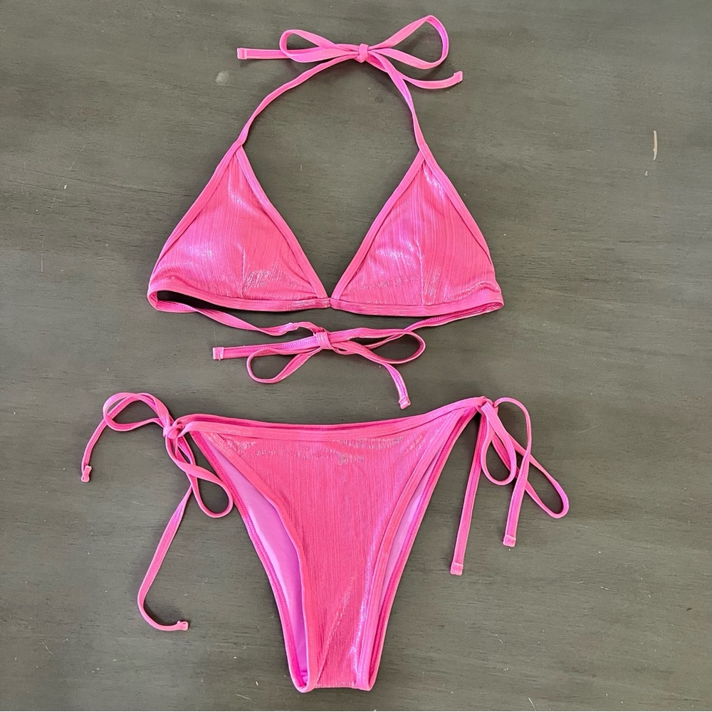 Hot Pink Metallic Barbie Barbiecore Side Tie Classic Triangle Swimsuit Bikini M